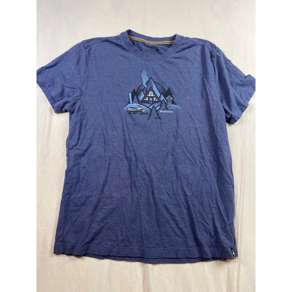 Smartwool Mens Large Blue Merino Wool Blend A-Frame Cabin Graphic T-Shirt